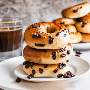 cinnamon raisin bagels stacked on a white plate with glass of cold brew coffee