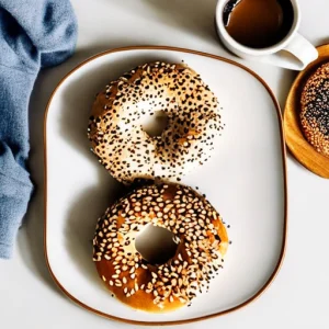 fresh sesame seed bagels on a breakfast plate with a blue napkin on the left side
